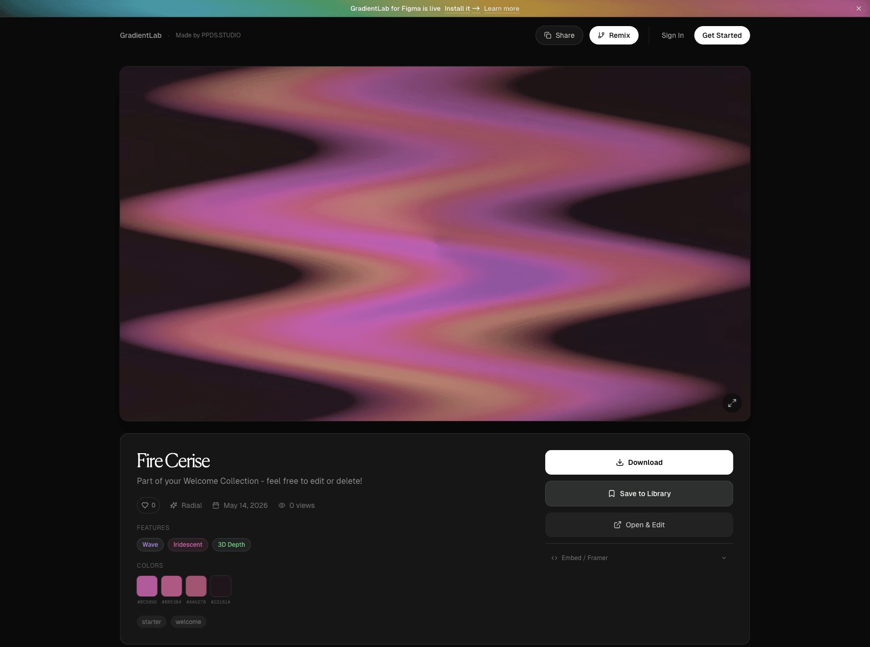 A public GradientLab gradient page for Fire Cerise.
