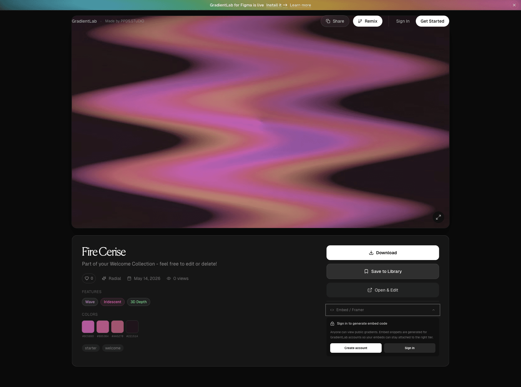 The GradientLab embed panel asking the user to sign in before generating embed code.